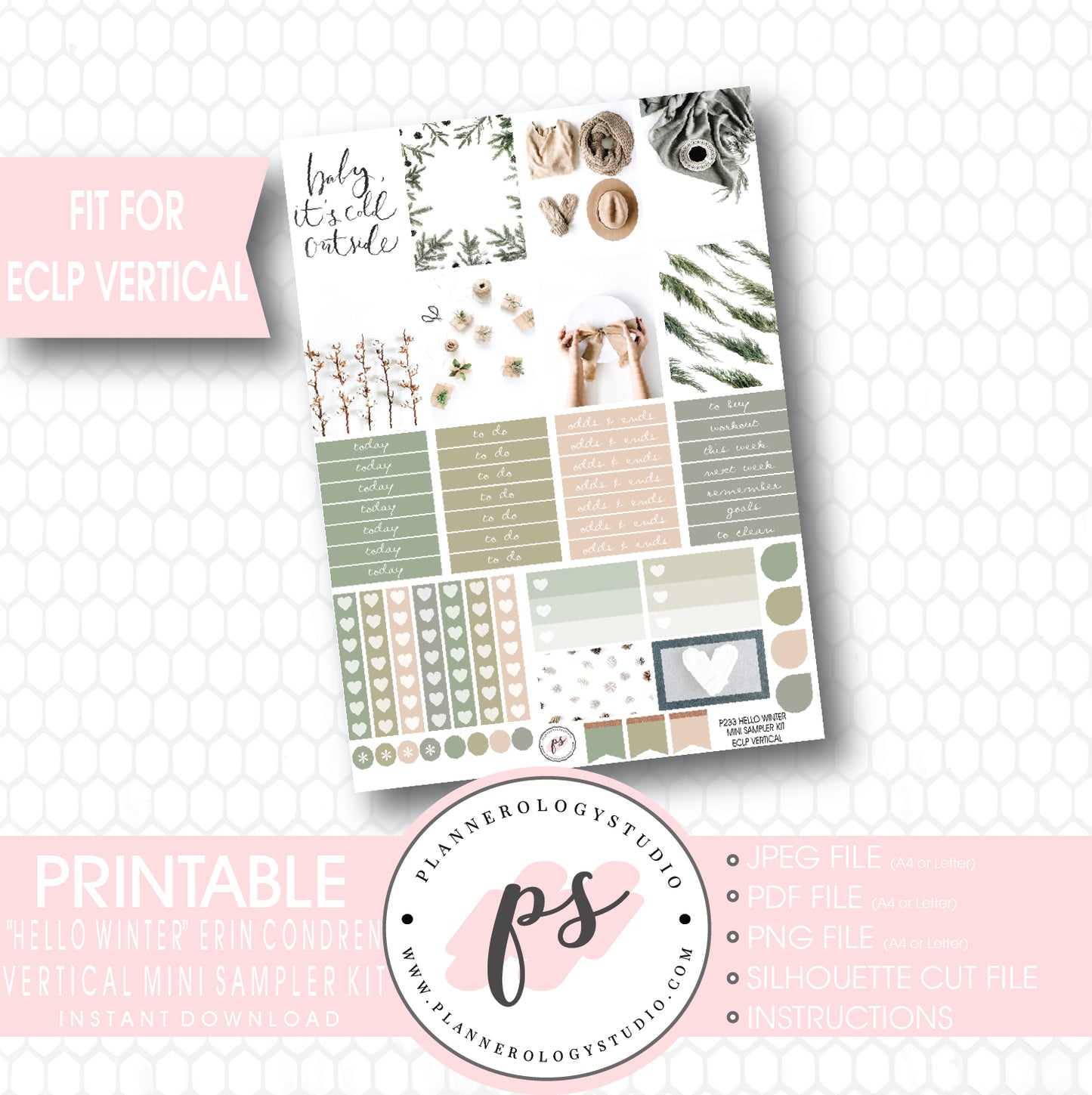 Hello Winter Mini Sampler Kit Printable Planner Stickers (for use with ECLP Vertical) - Plannerologystudio