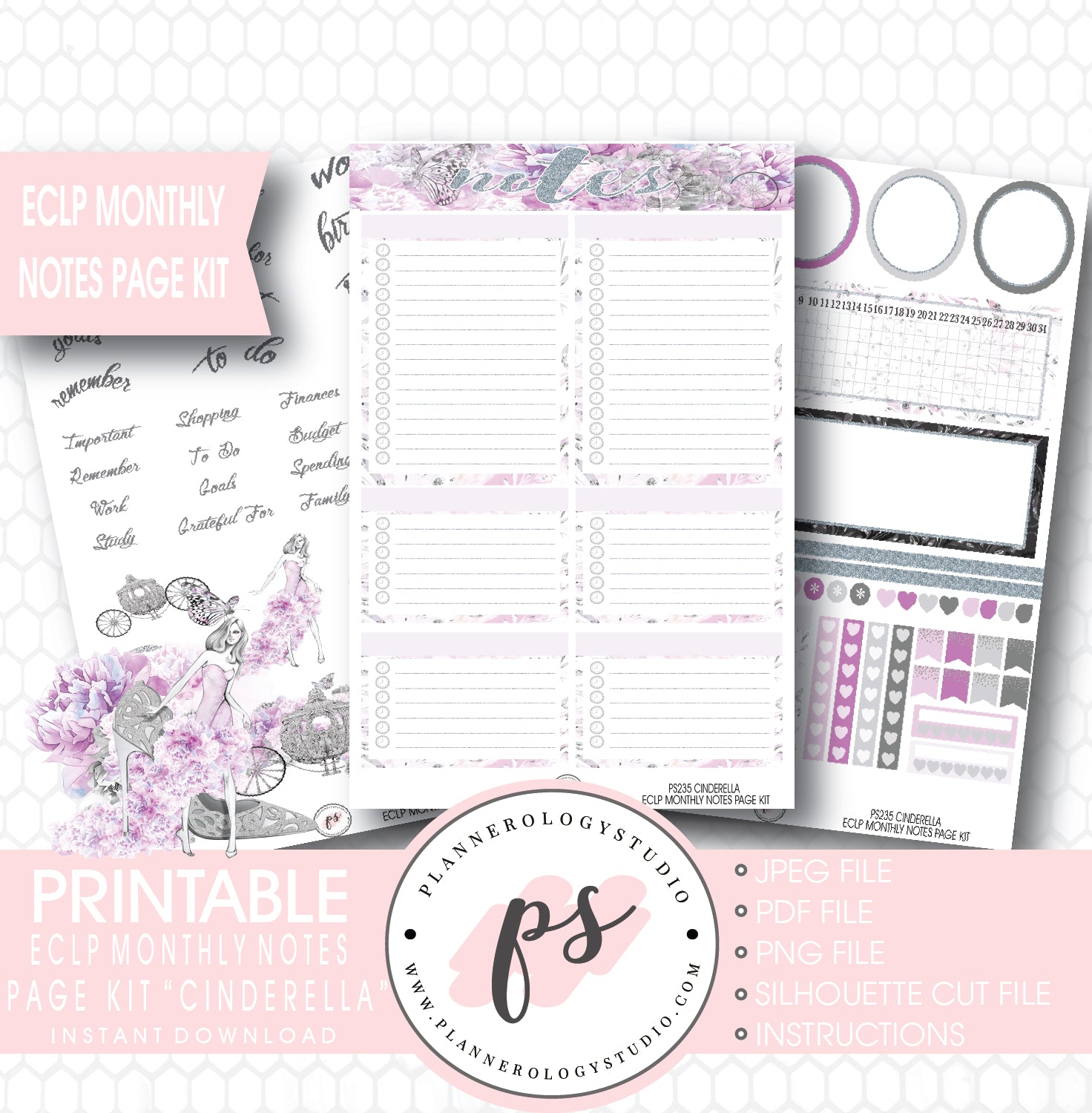 Cinderella Monthly Notes Page Kit Printable Planner Stickers (for use with ECLP) - Plannerologystudio