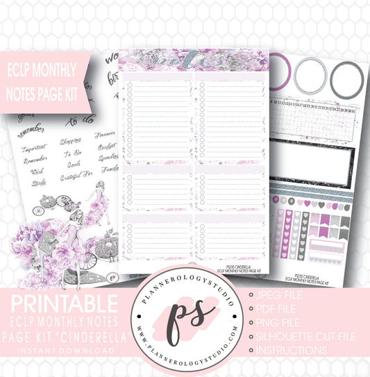 Cinderella Monthly Notes Page Kit Printable Planner Stickers (for use with ECLP) - Plannerologystudio