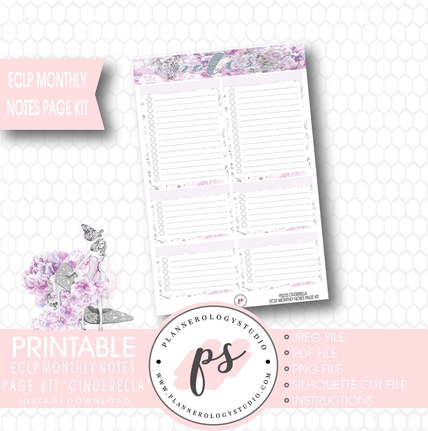 Cinderella Monthly Notes Page Kit Printable Planner Stickers (for use with ECLP) - Plannerologystudio