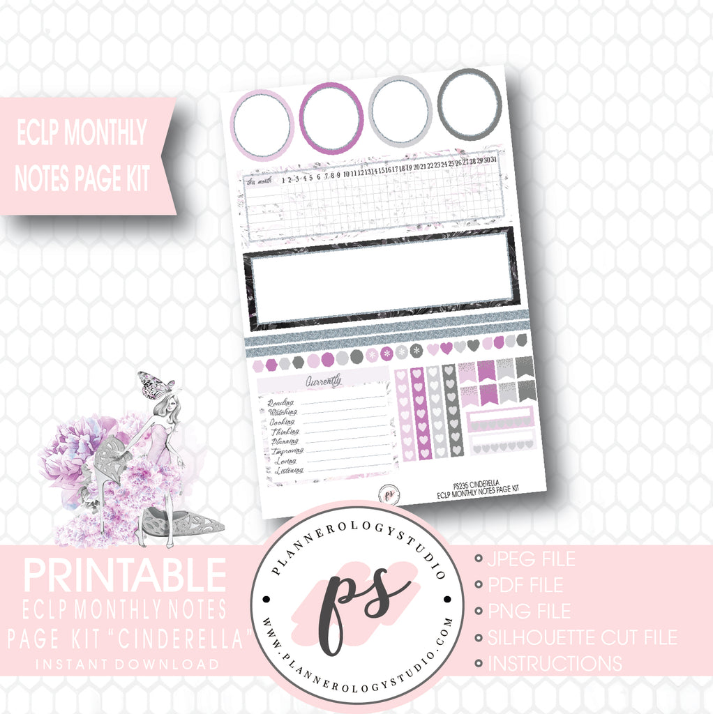 Cinderella Monthly Notes Page Kit Printable Planner Stickers (for use with ECLP) - Plannerologystudio
