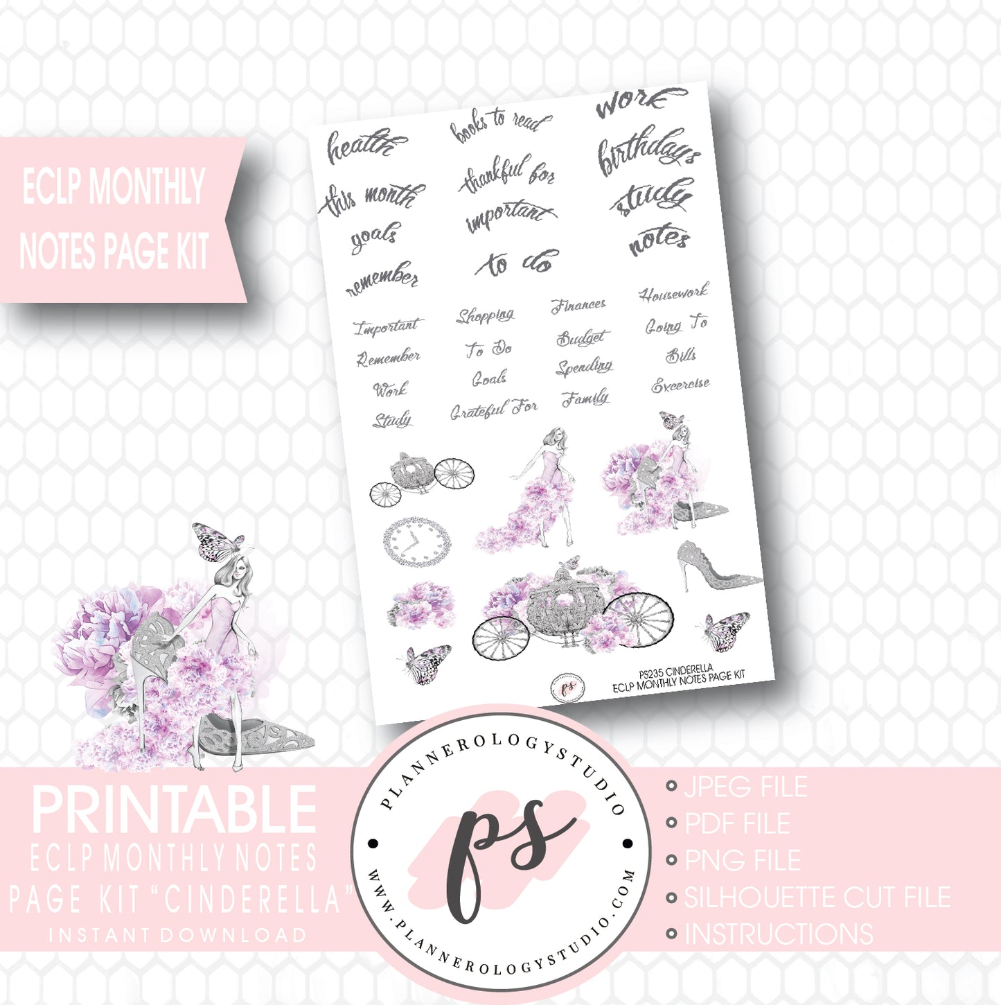 Cinderella Monthly Notes Page Kit Printable Planner Stickers (for use with ECLP) - Plannerologystudio