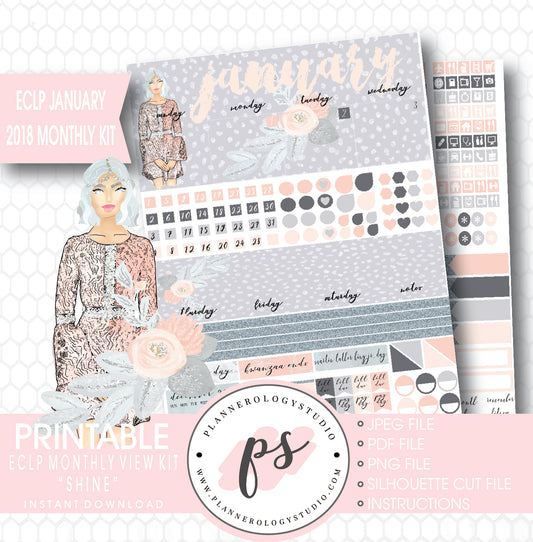 Shine January 2018 Monthly View Kit Printable Planner Stickers (for use with ECLP) - Plannerologystudio