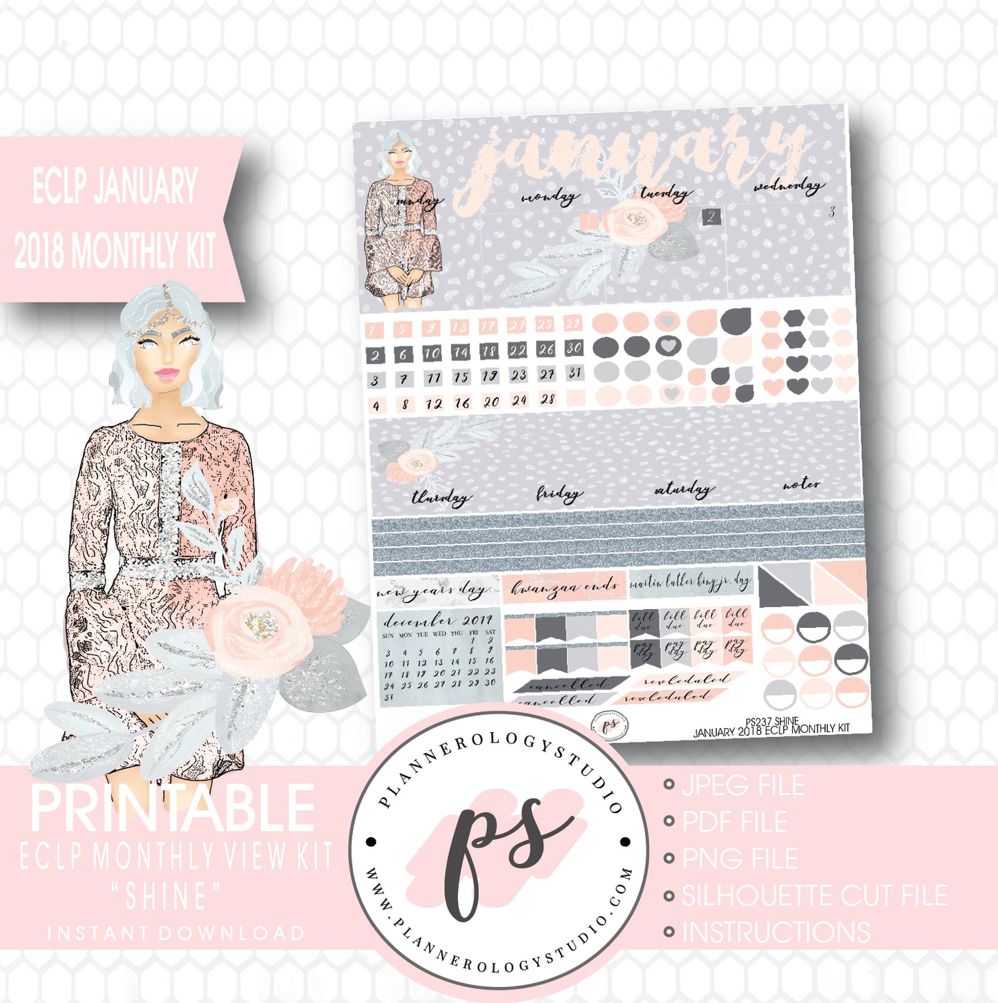 Shine January 2018 Monthly View Kit Printable Planner Stickers (for use with ECLP) - Plannerologystudio
