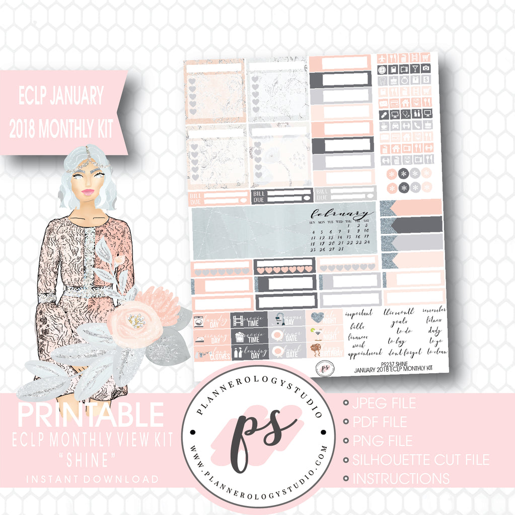 Shine January 2018 Monthly View Kit Printable Planner Stickers (for use with ECLP) - Plannerologystudio
