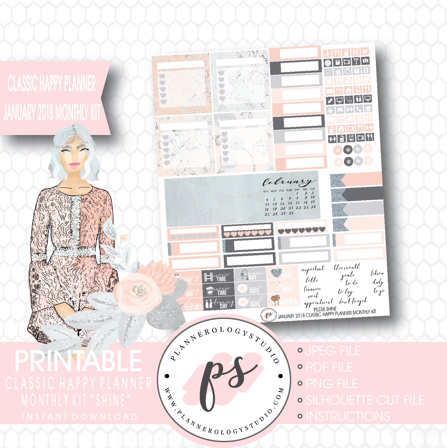 Shine January 2018 Monthly View Kit Printable Planner Stickers (for use with Classic Happy Planner) - Plannerologystudio