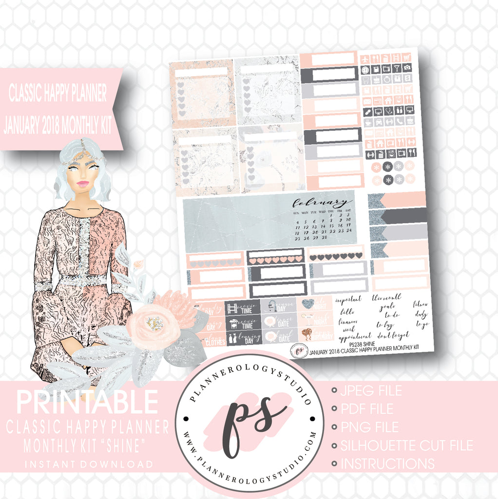 Shine January 2018 Monthly View Kit Printable Planner Stickers (for use with Classic Happy Planner) - Plannerologystudio