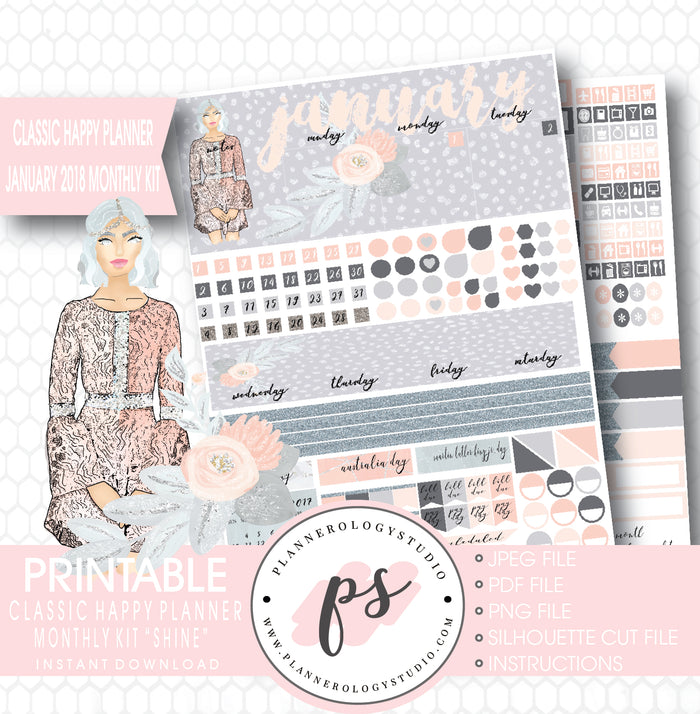 Shine January 2018 Monthly View Kit Printable Planner Stickers (for use with Classic Happy Planner) - Plannerologystudio