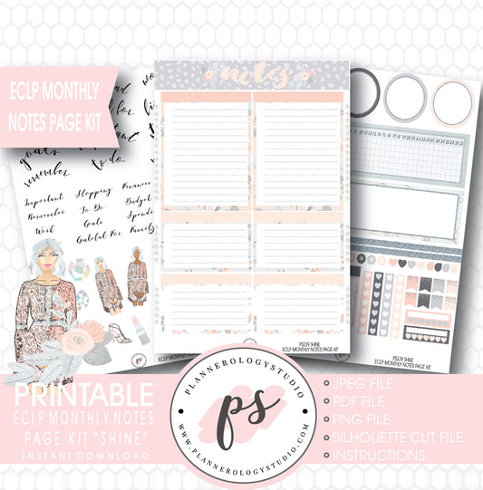 Shine Monthly Notes Page Kit Printable Planner Stickers (for use with ECLP) - Plannerologystudio