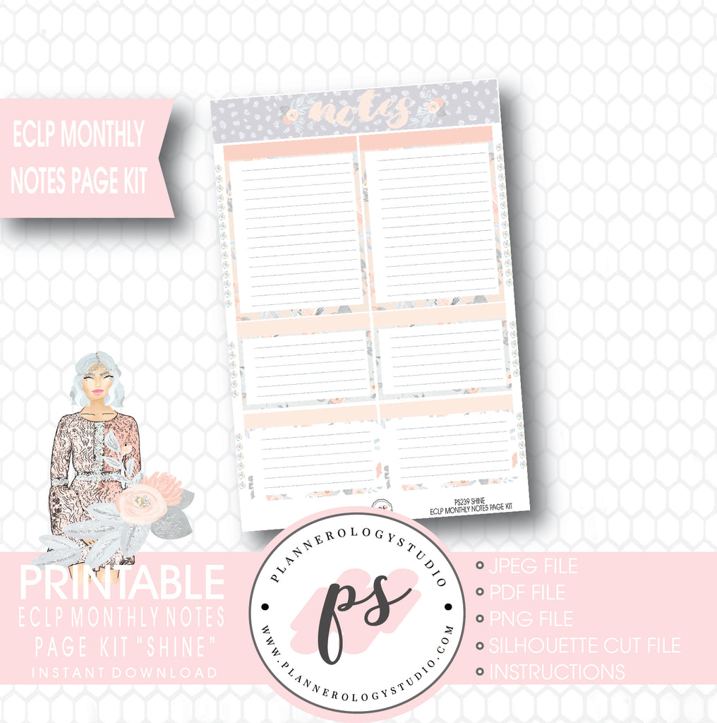 Shine Monthly Notes Page Kit Printable Planner Stickers (for use with ECLP) - Plannerologystudio