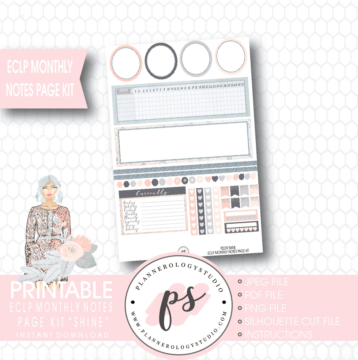 Shine Monthly Notes Page Kit Printable Planner Stickers (for use with ECLP) - Plannerologystudio