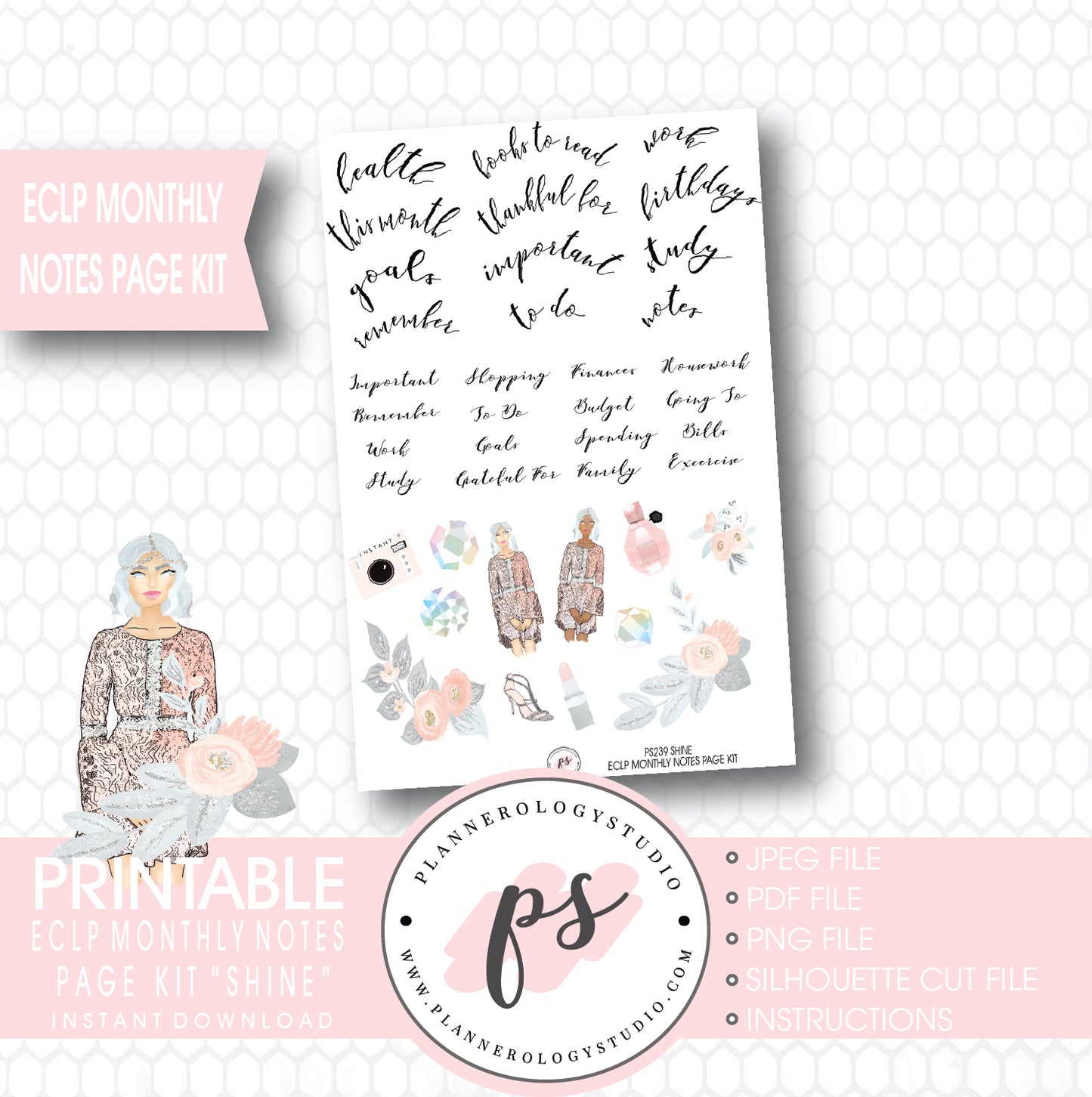 Shine Monthly Notes Page Kit Printable Planner Stickers (for use with ECLP) - Plannerologystudio