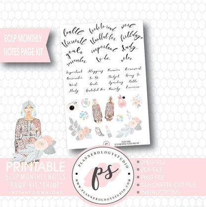 Shine Monthly Notes Page Kit Printable Planner Stickers (for use with ECLP) - Plannerologystudio