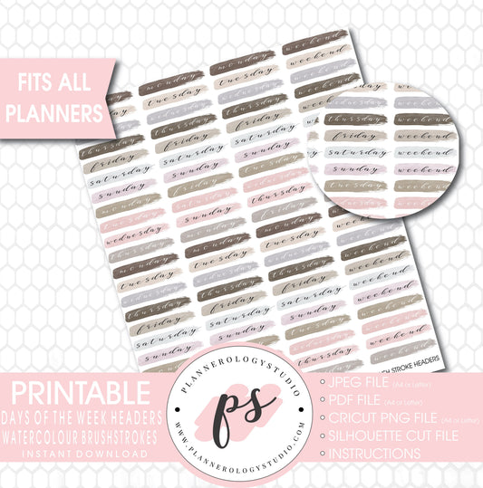 Watercolour Days of the Week & Weekend Brushstroke Headers Printable Planner Stickers - Plannerologystudio