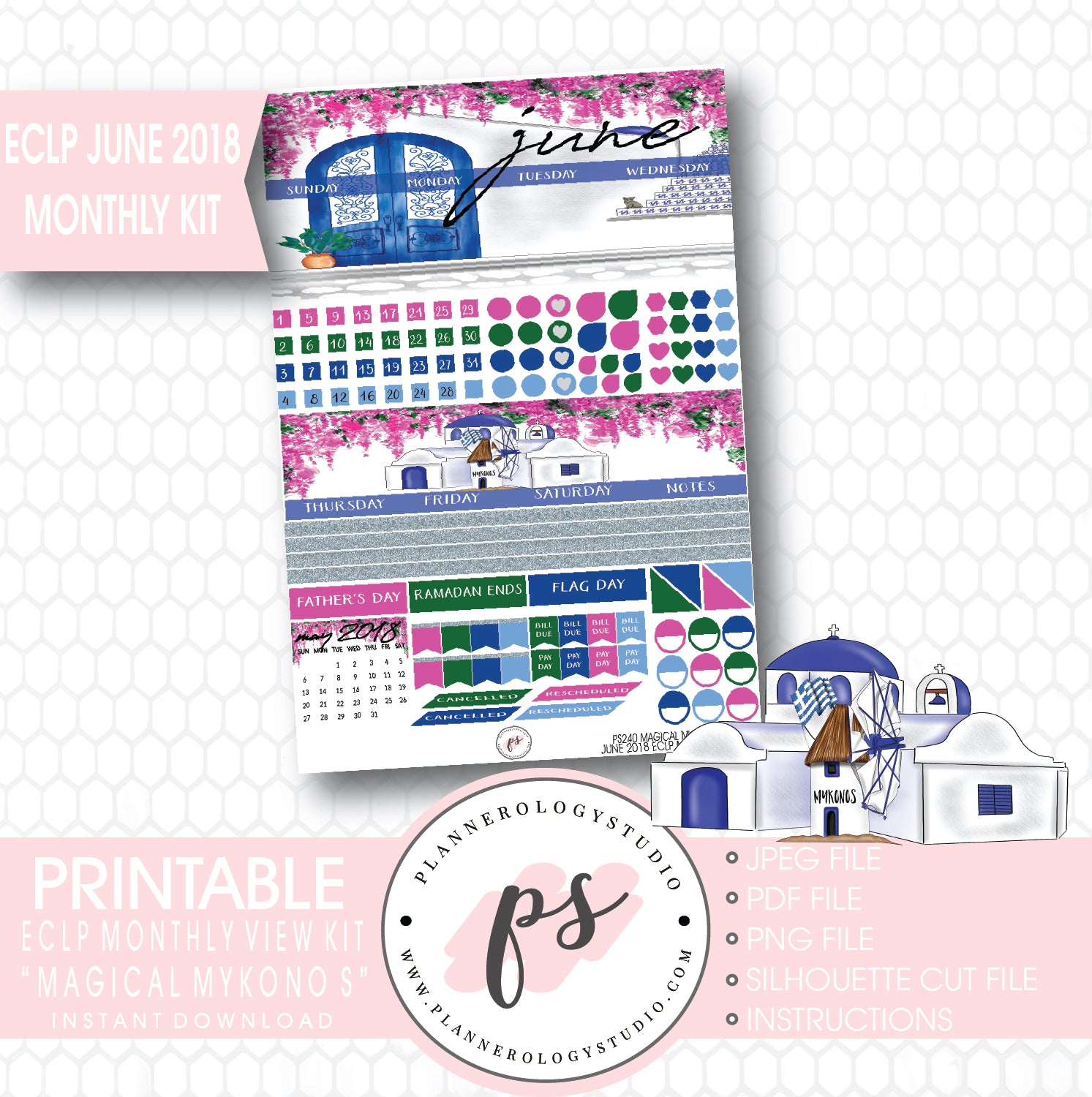 "Magical Mykonos" June 2018 Monthly View Kit Printable Planner Stickers (for use with ECLP) - Plannerologystudio