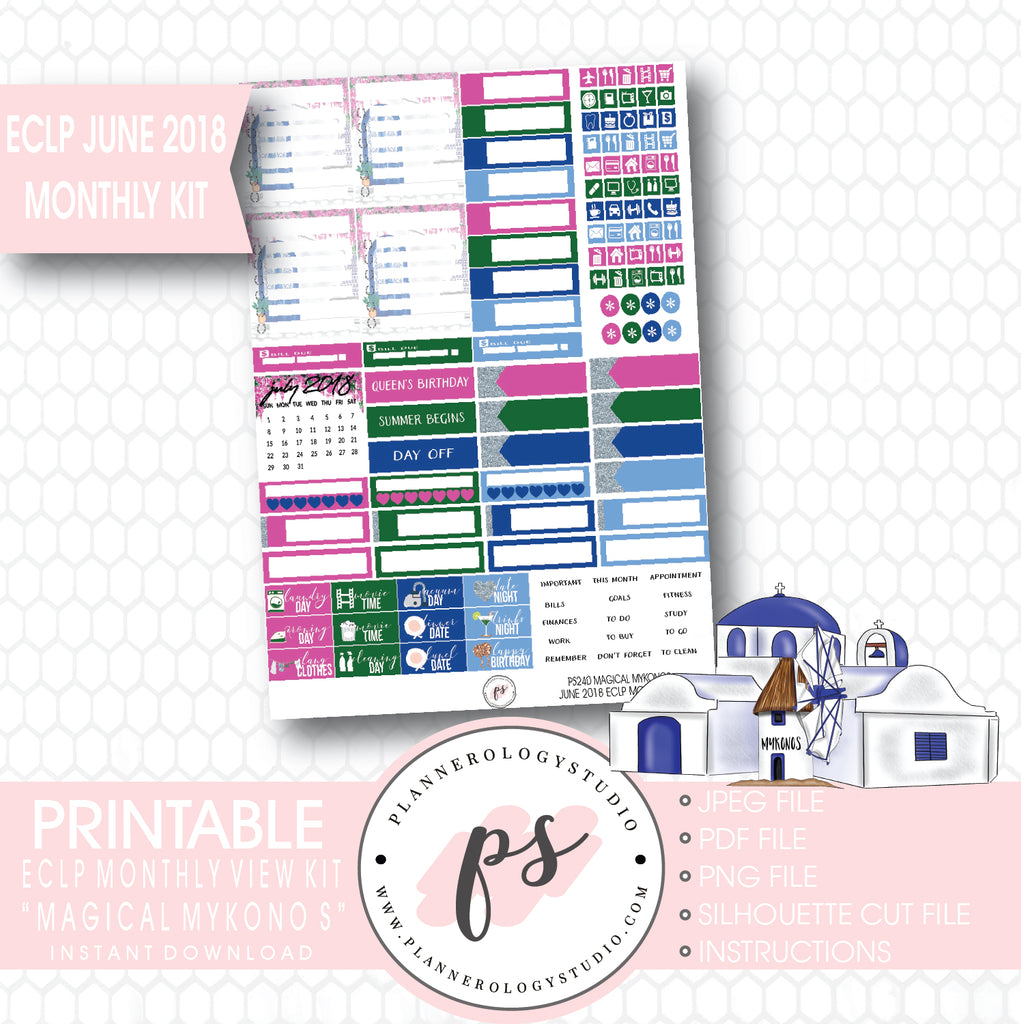 "Magical Mykonos" June 2018 Monthly View Kit Printable Planner Stickers (for use with ECLP) - Plannerologystudio