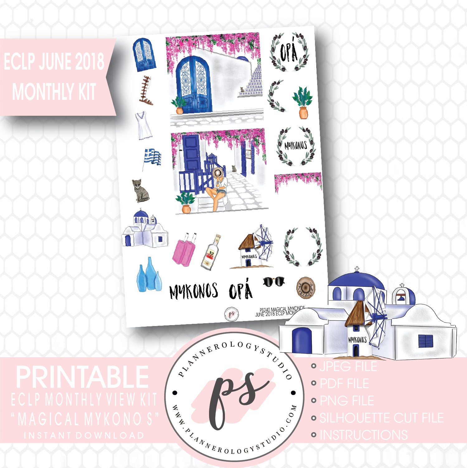 "Magical Mykonos" June 2018 Monthly View Kit Printable Planner Stickers (for use with ECLP) - Plannerologystudio