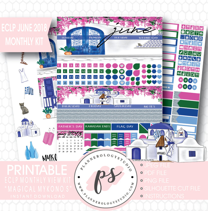 "Magical Mykonos" June 2018 Monthly View Kit Printable Planner Stickers (for use with ECLP) - Plannerologystudio