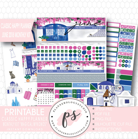 "Magical Mykonos" June 2018 Monthly View Kit Printable Planner Stickers (for use with Classic Happy Planner) - Plannerologystudio