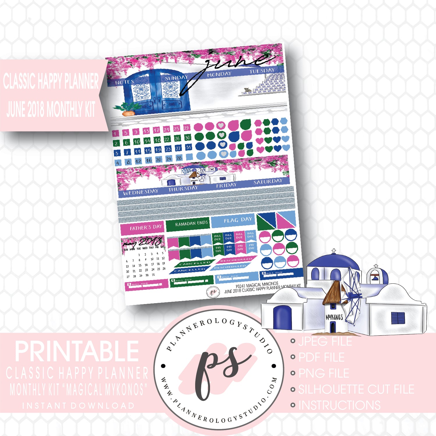 "Magical Mykonos" June 2018 Monthly View Kit Printable Planner Stickers (for use with Classic Happy Planner) - Plannerologystudio