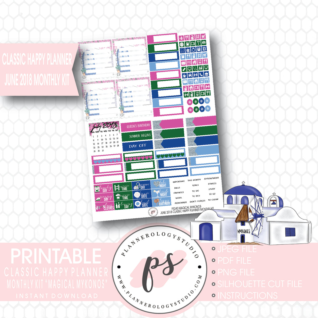 "Magical Mykonos" June 2018 Monthly View Kit Printable Planner Stickers (for use with Classic Happy Planner) - Plannerologystudio