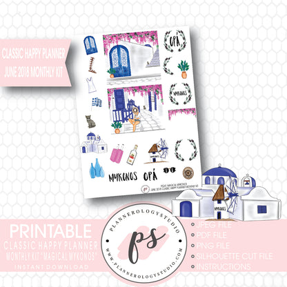 "Magical Mykonos" June 2018 Monthly View Kit Printable Planner Stickers (for use with Classic Happy Planner) - Plannerologystudio