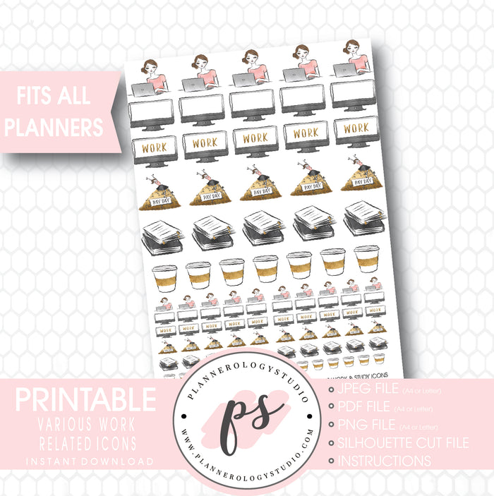 Various Work, Coffee, Pay Day Icons Printable Planner Stickers - Plannerologystudio