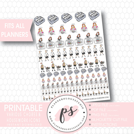 Various Chores, Housework & Lifestyle Icons Printable Planner Stickers - Plannerologystudio