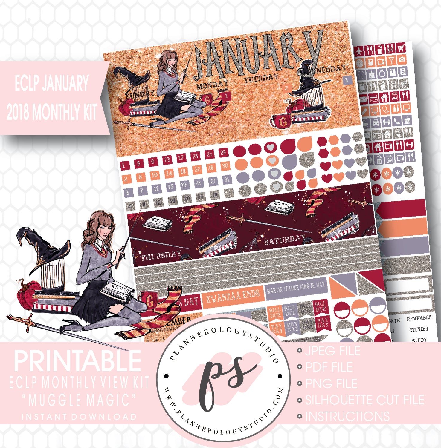 Muggle Magic (Harry Potter Theme) January 2018 Monthly View Kit Printable Planner Stickers (for use with ECLP) - Plannerologystudio