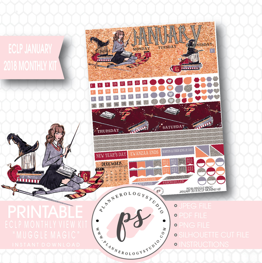 Muggle Magic (Harry Potter Theme) January 2018 Monthly View Kit Printable Planner Stickers (for use with ECLP) - Plannerologystudio