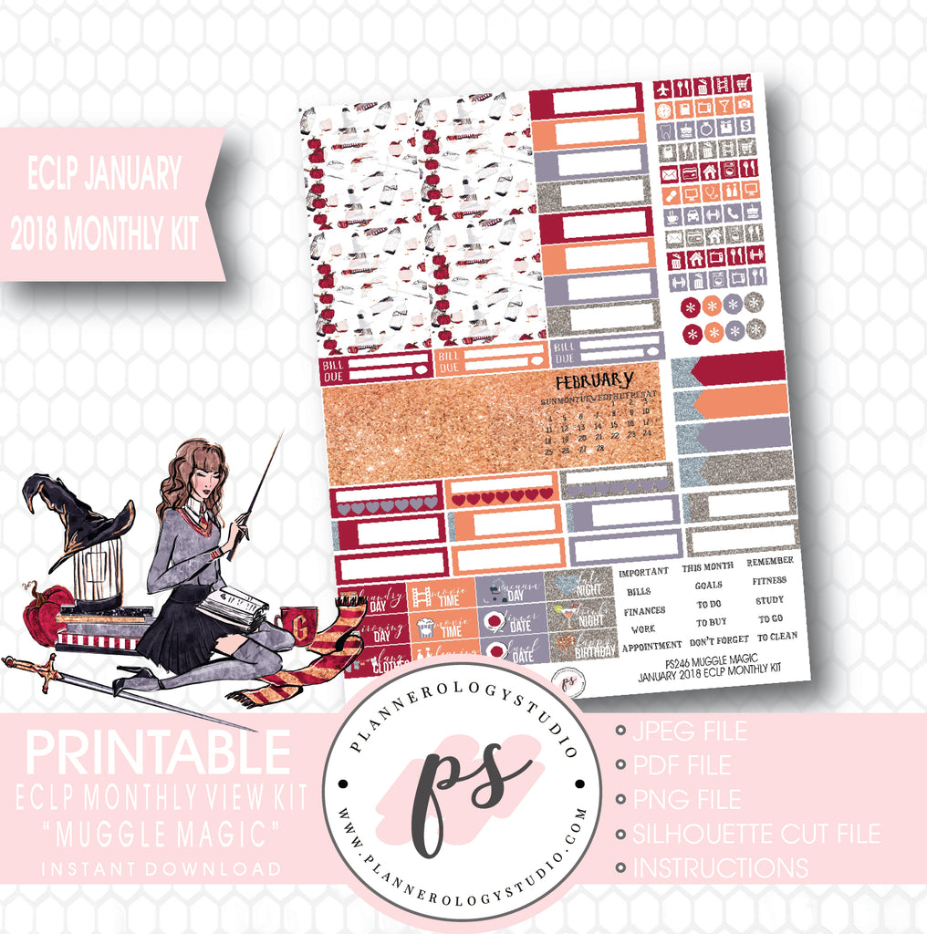 Muggle Magic (Harry Potter Theme) January 2018 Monthly View Kit Printable Planner Stickers (for use with ECLP) - Plannerologystudio