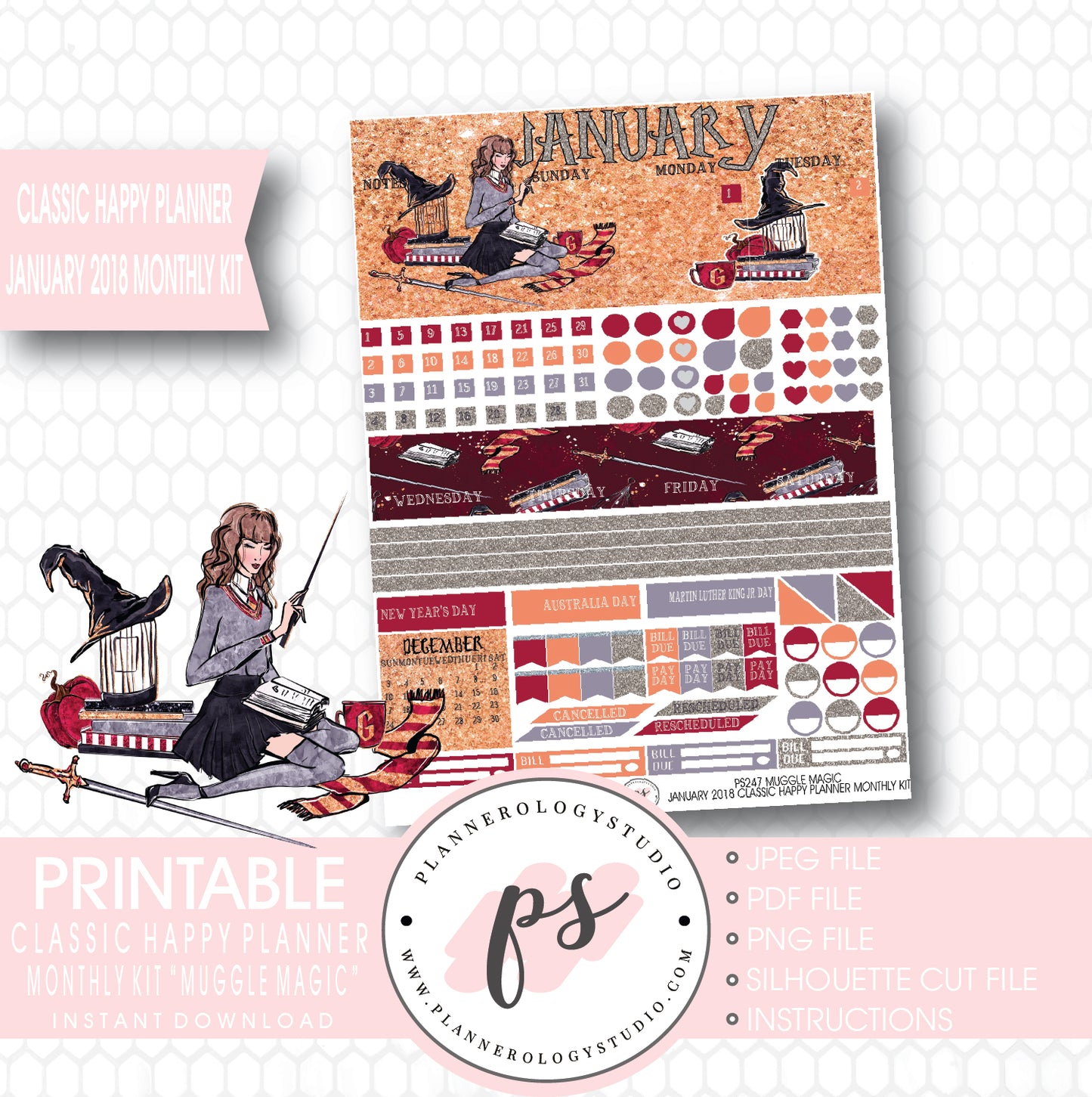 Muggle Magic (Harry Potter Theme) January 2018 Monthly View Kit Printable Planner Stickers (for use with Classic Happy Planner) - Plannerologystudio