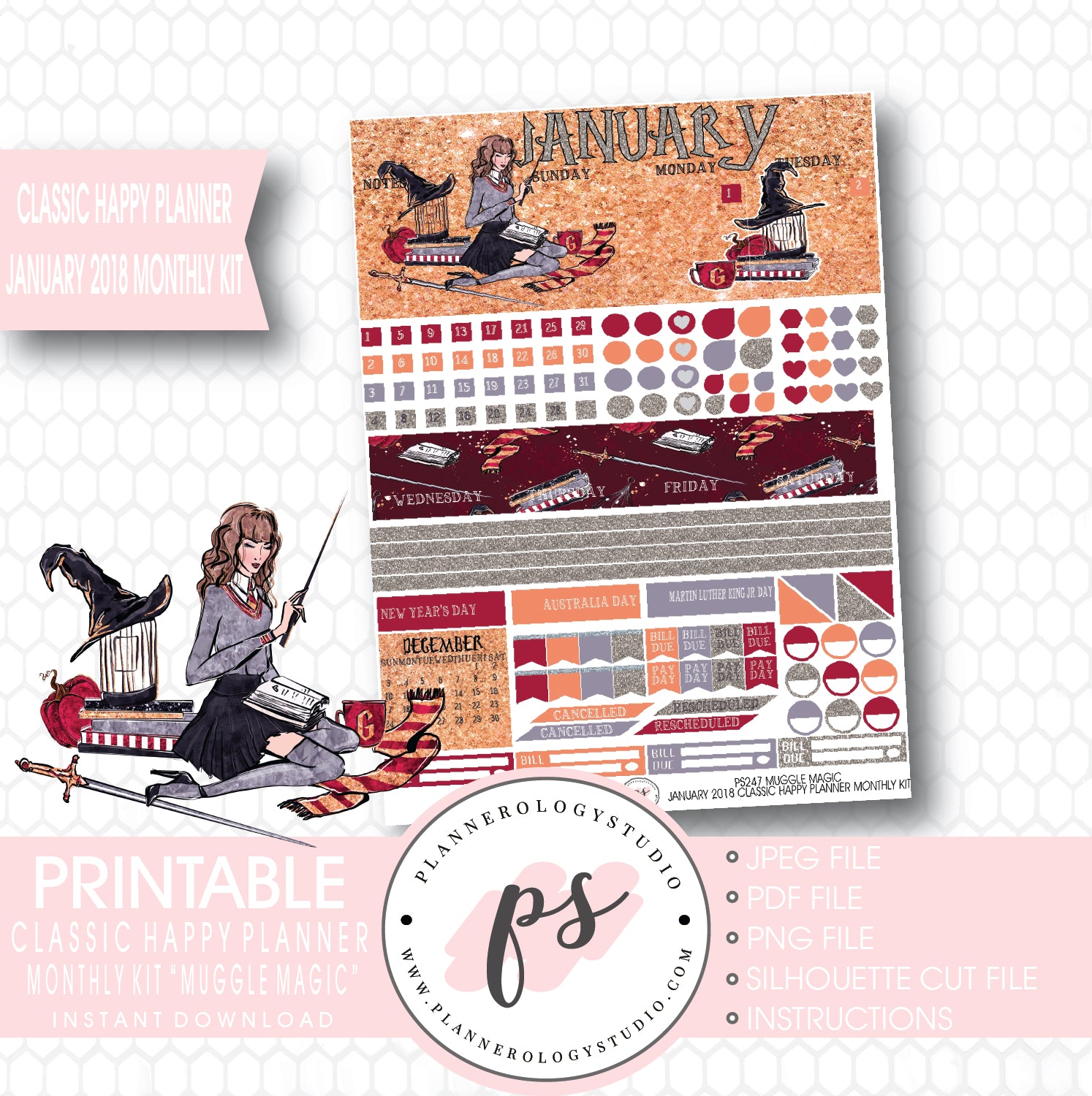 Muggle Magic (Harry Potter Theme) January 2018 Monthly View Kit Printable Planner Stickers (for use with Classic Happy Planner) - Plannerologystudio