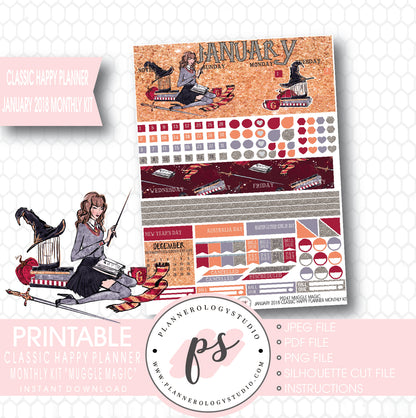 Muggle Magic (Harry Potter Theme) January 2018 Monthly View Kit Printable Planner Stickers (for use with Classic Happy Planner) - Plannerologystudio