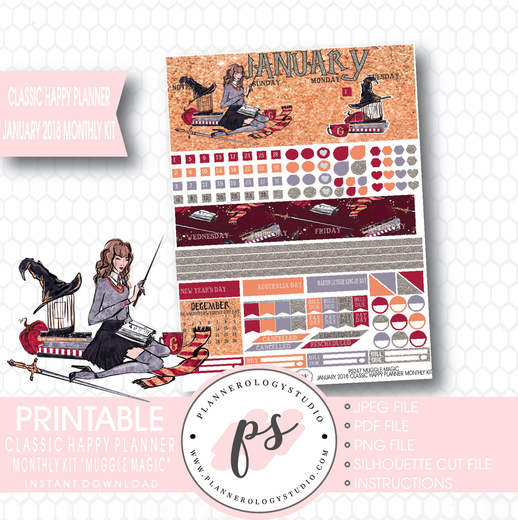 Muggle Magic (Harry Potter Theme) January 2018 Monthly View Kit Printable Planner Stickers (for use with Classic Happy Planner) - Plannerologystudio