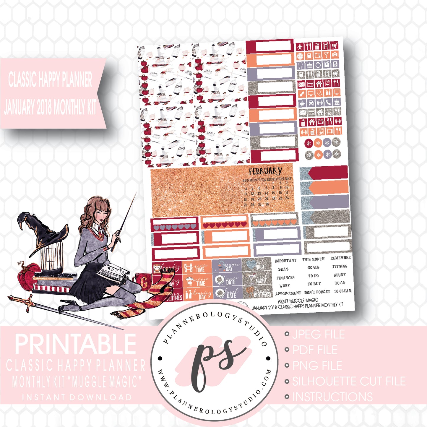 Muggle Magic (Harry Potter Theme) January 2018 Monthly View Kit Printable Planner Stickers (for use with Classic Happy Planner) - Plannerologystudio