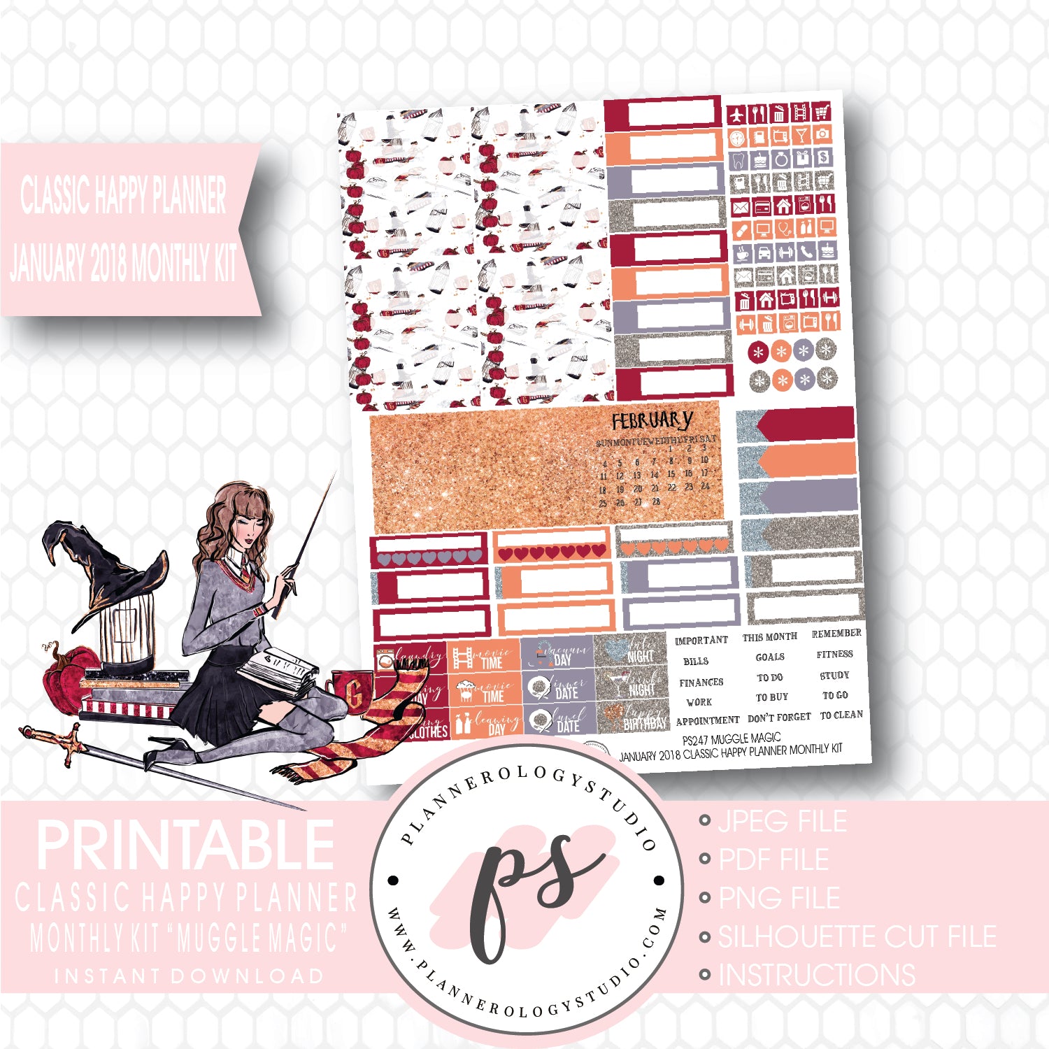 Muggle Magic (Harry Potter Theme) January 2018 Monthly View Kit Printable Planner Stickers (for use with Classic Happy Planner) - Plannerologystudio