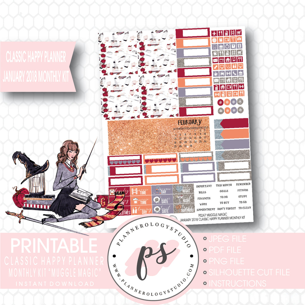 Muggle Magic (Harry Potter Theme) January 2018 Monthly View Kit Printable Planner Stickers (for use with Classic Happy Planner) - Plannerologystudio