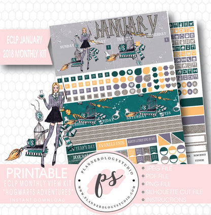 Hogwarts Adventures (Harry Potter Theme) January 2018 Monthly View Kit Printable Planner Stickers (for use with ECLP) - Plannerologystudio