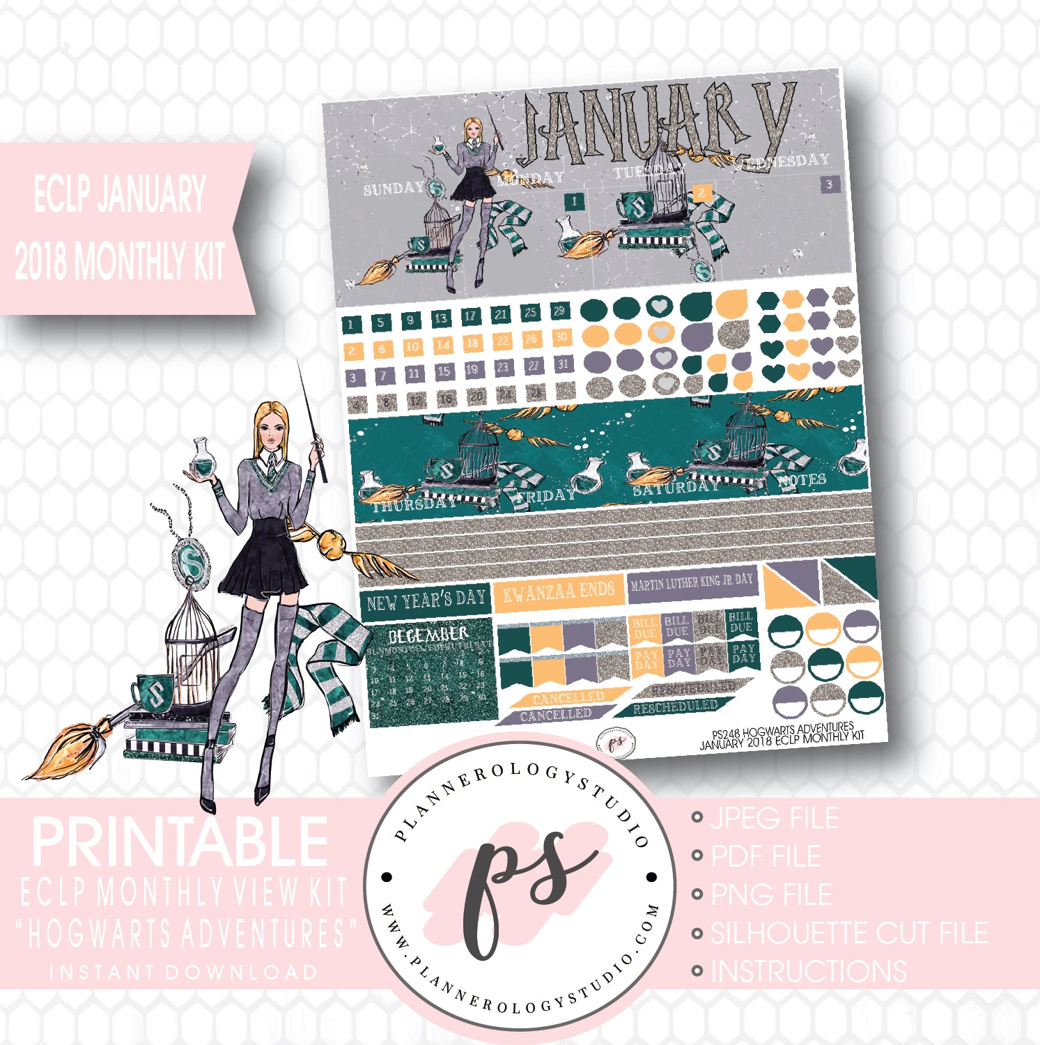 Hogwarts Adventures (Harry Potter Theme) January 2018 Monthly View Kit Printable Planner Stickers (for use with ECLP) - Plannerologystudio