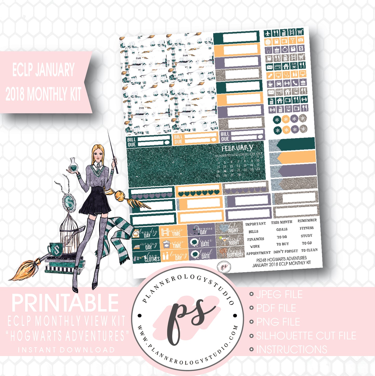 Hogwarts Adventures (Harry Potter Theme) January 2018 Monthly View Kit Printable Planner Stickers (for use with ECLP) - Plannerologystudio