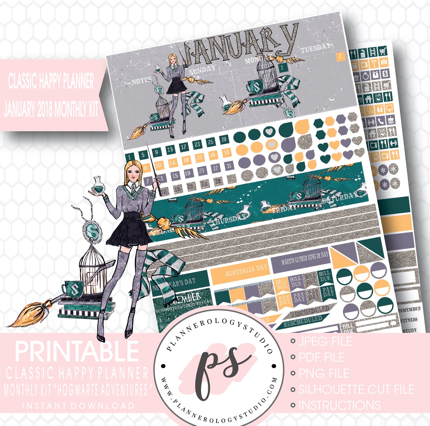 Hogwarts Adventures (Harry Potter Theme) January 2018 Monthly View Kit Printable Planner Stickers (for use with Classic Happy Planner) - Plannerologystudio