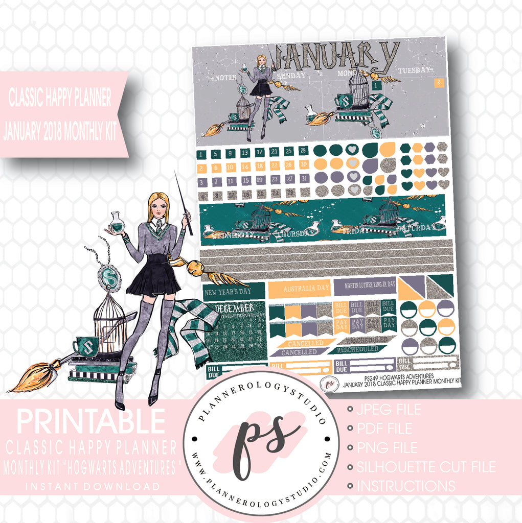 Hogwarts Adventures (Harry Potter Theme) January 2018 Monthly View Kit Printable Planner Stickers (for use with Classic Happy Planner) - Plannerologystudio
