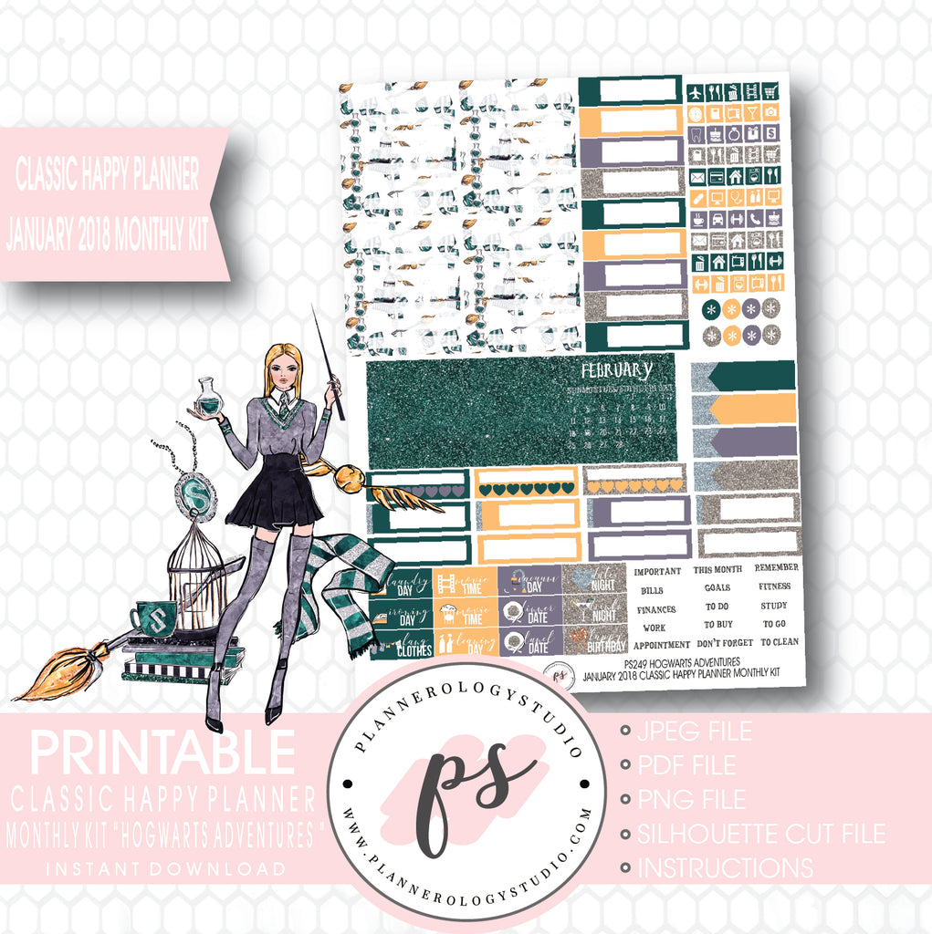 Hogwarts Adventures (Harry Potter Theme) January 2018 Monthly View Kit Printable Planner Stickers (for use with Classic Happy Planner) - Plannerologystudio