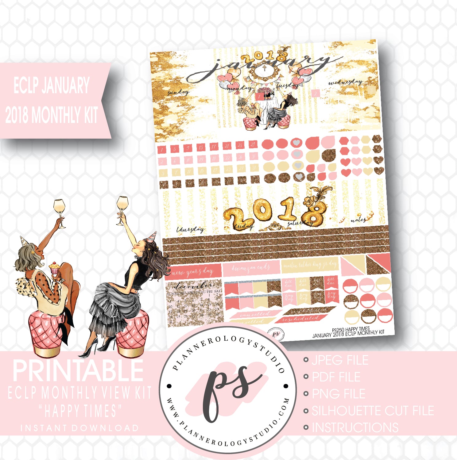 Happy Times New Year's January 2018 Monthly View Kit Printable Planner Stickers (for use with ECLP) - Plannerologystudio
