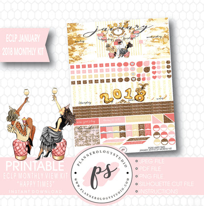 Happy Times New Year's January 2018 Monthly View Kit Printable Planner Stickers (for use with ECLP) - Plannerologystudio