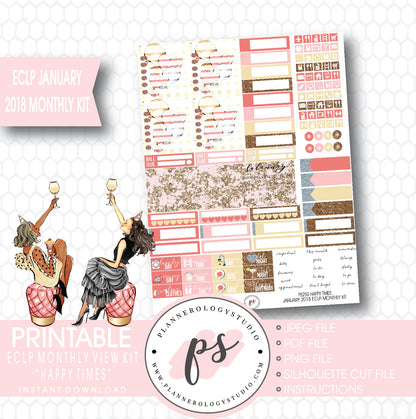 Happy Times New Year's January 2018 Monthly View Kit Printable Planner Stickers (for use with ECLP) - Plannerologystudio