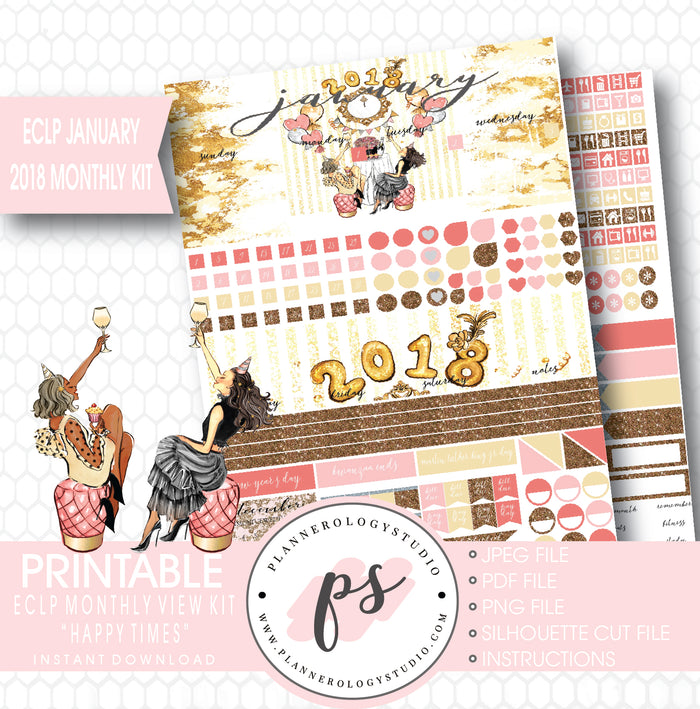 Happy Times New Year's January 2018 Monthly View Kit Printable Planner Stickers (for use with ECLP) - Plannerologystudio