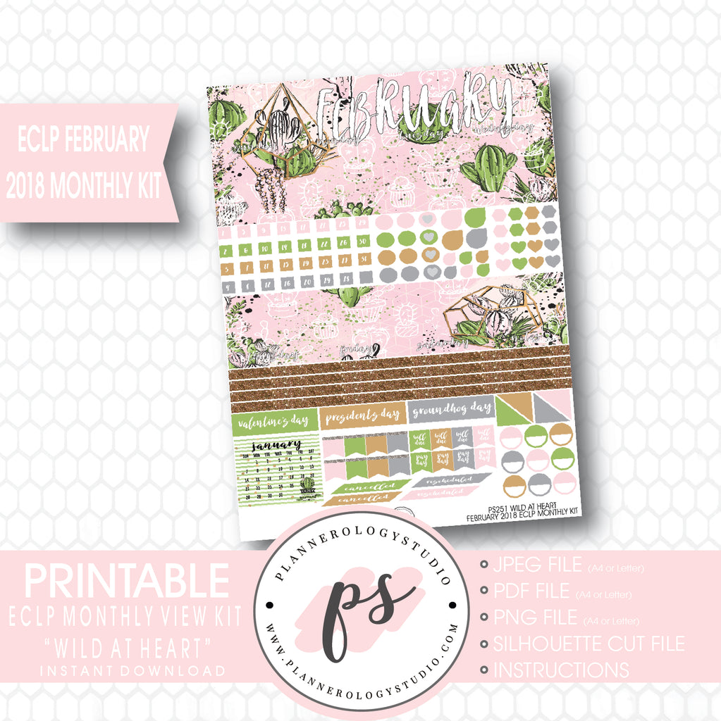 Wild at Heart February 2018 Monthly View Kit Printable Planner Stickers (for use with ECLP) - Plannerologystudio
