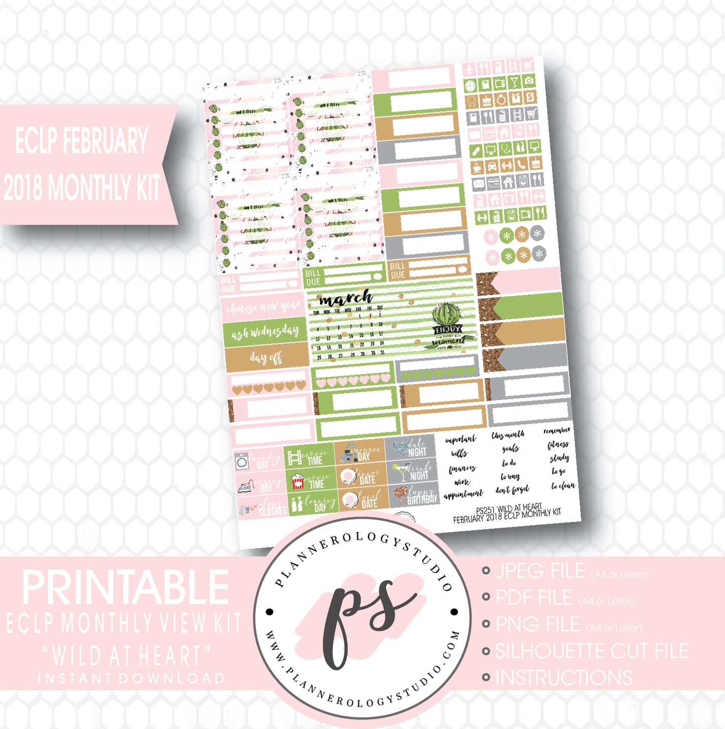 Wild at Heart February 2018 Monthly View Kit Printable Planner Stickers (for use with ECLP) - Plannerologystudio